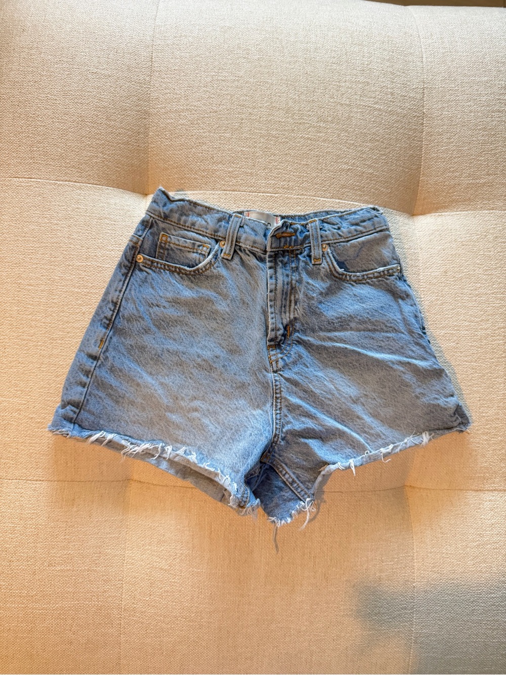 BDG Light Blue High-Rise Frayed Hem Denim Shorts - Picture 1 of 3